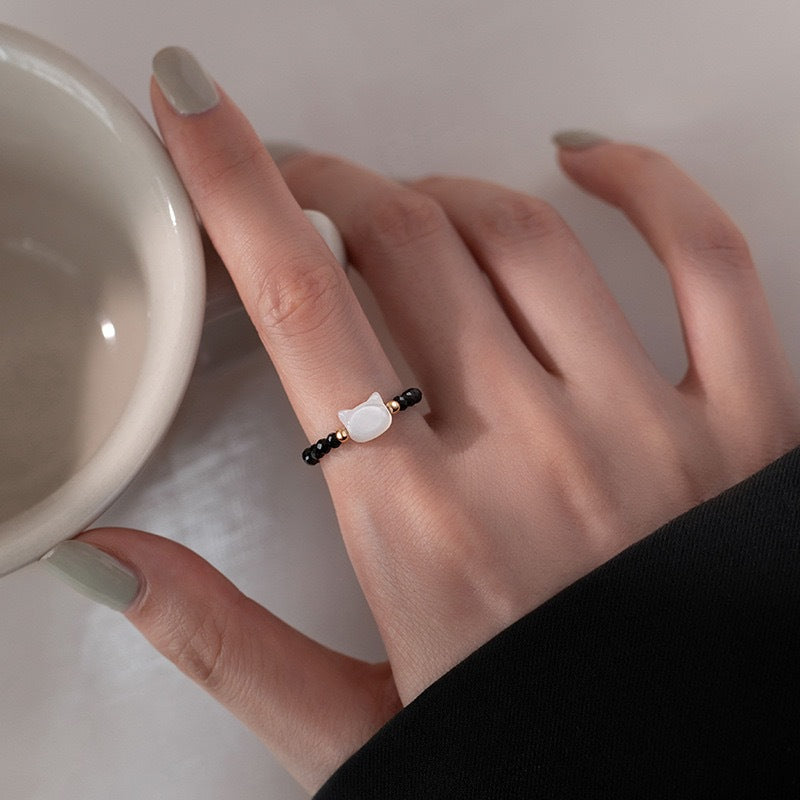 "Meow" Black Goldstone Elastic Rings